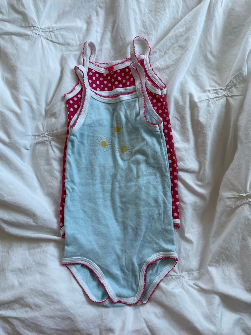 Petit Bateau Set of Two Girls' Camisole Onesie in Light Blue and Pink Polka Dot